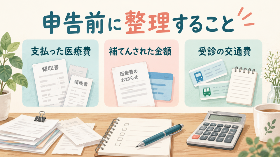 支払った医療費、補てん金、受診の交通費を整理するイラスト