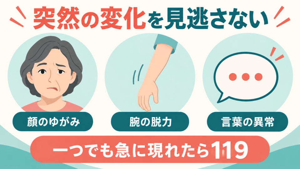 突然の顔のゆがみ、腕の脱力、言葉の異常は119へ連絡する