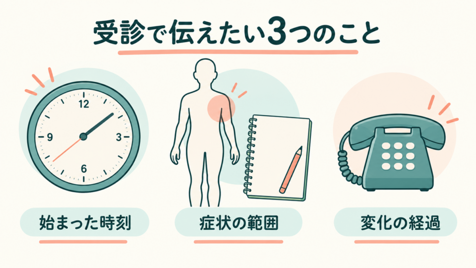 始まった時刻、症状の範囲、変化の経過を医療機関へ伝える