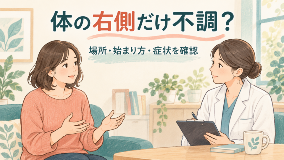 体の右側の不調について場所と始まり方を相談する説明用イラスト