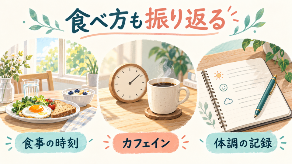 朝食や飲み物の時間を含む生活リズムを整理するイラスト