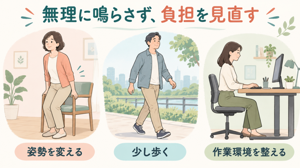 長時間同じ姿勢を続けず、無理のない動きや休憩を取り入れる場面