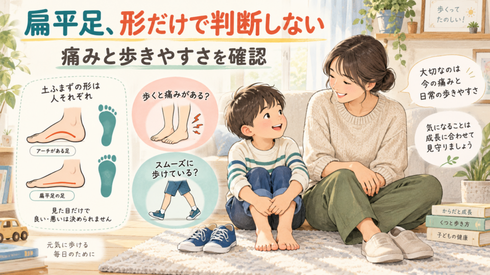 土踏まずの見た目だけでなく痛みや経過を確認する扁平足の説明図