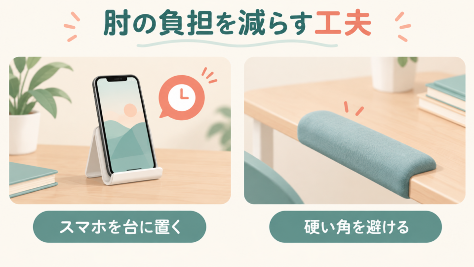 肘を長く曲げることと内側への圧迫を減らす