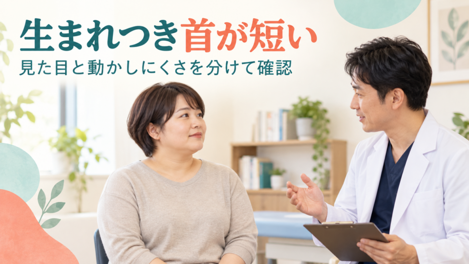 生まれつき首が短いと感じる人が見た目と動かしにくさを相談する説明用イラスト