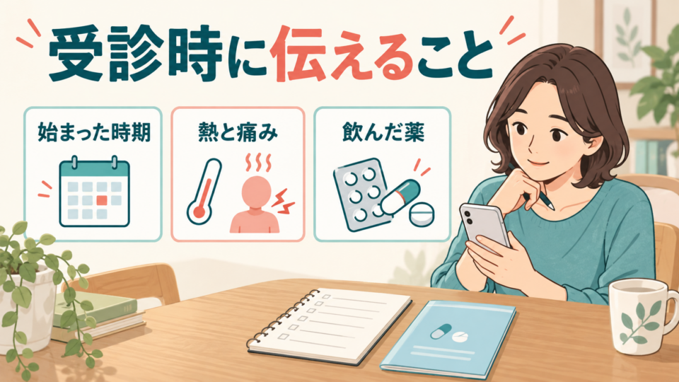 発熱と腰痛が始まった時期、症状、飲んだ薬を医療機関に伝える