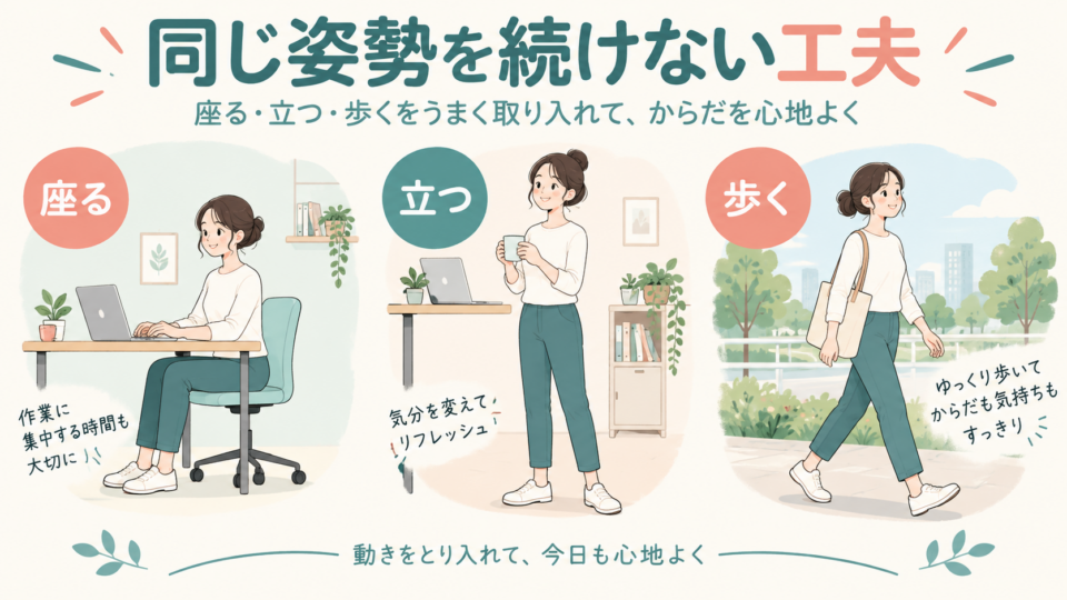 座る・立つ・歩くを切り替え、同じ姿勢を続けない