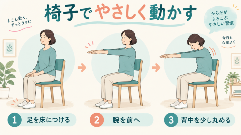 安定した椅子に座り、両手を前へ出して背中を軽く丸める