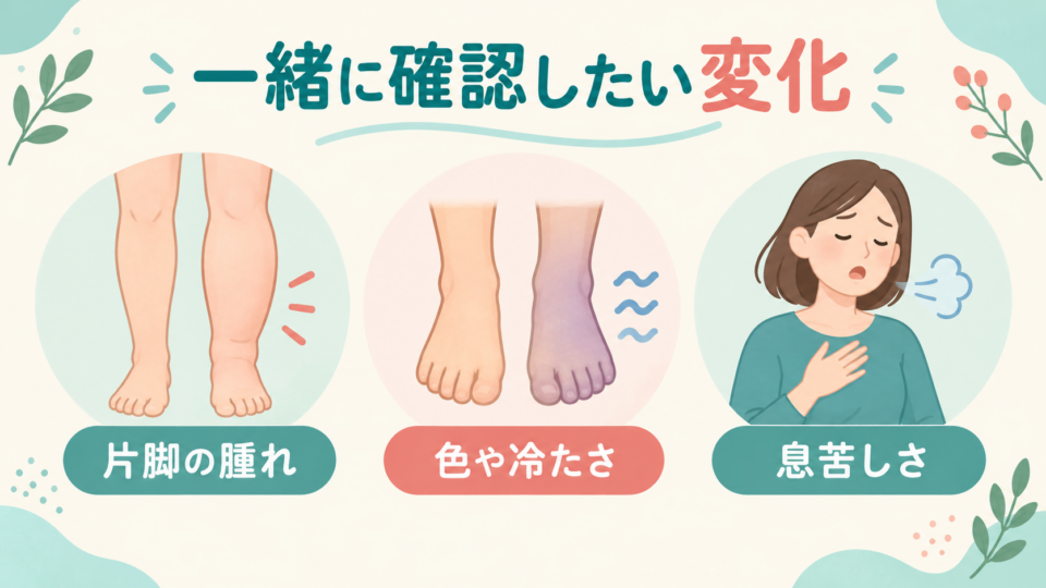 片脚の腫れ・足の色や冷たさ・息苦しさを確認する