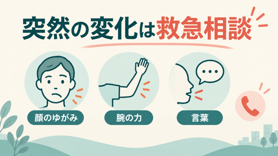 突然の顔のゆがみ・腕の力の低下・言葉の異常は救急相談を優先する