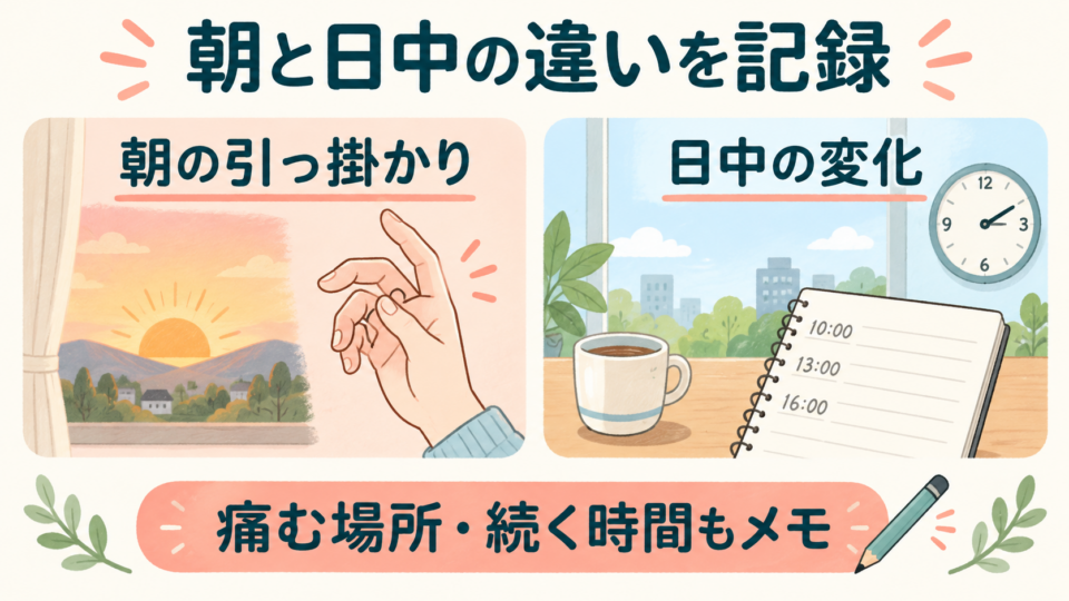 朝の引っ掛かりと日中の変化、痛む場所や持続時間を記録する方法