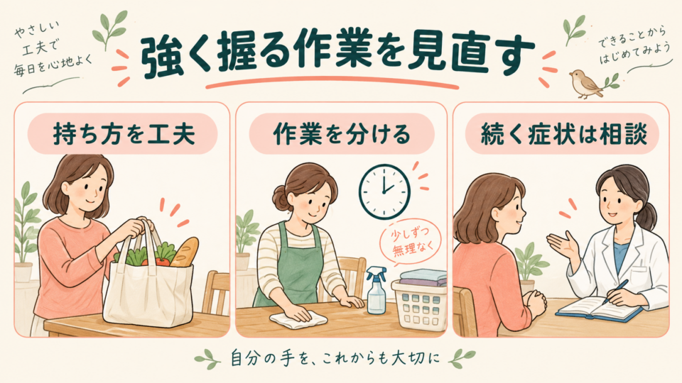 持ち方や作業の区切りを工夫し、続く指の症状を相談する例