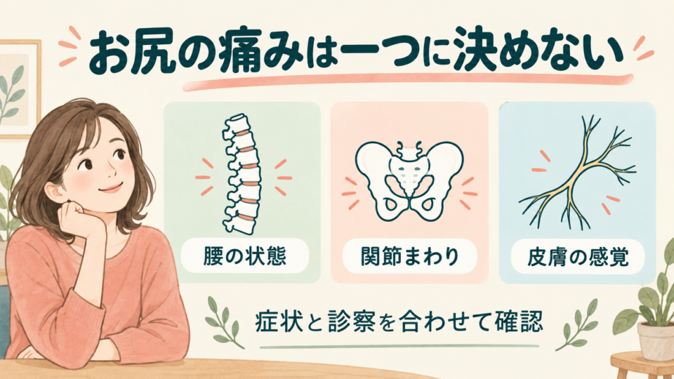 腰、関節周囲、皮膚の感覚など、お尻の痛みを一つの原因に決めない考え方