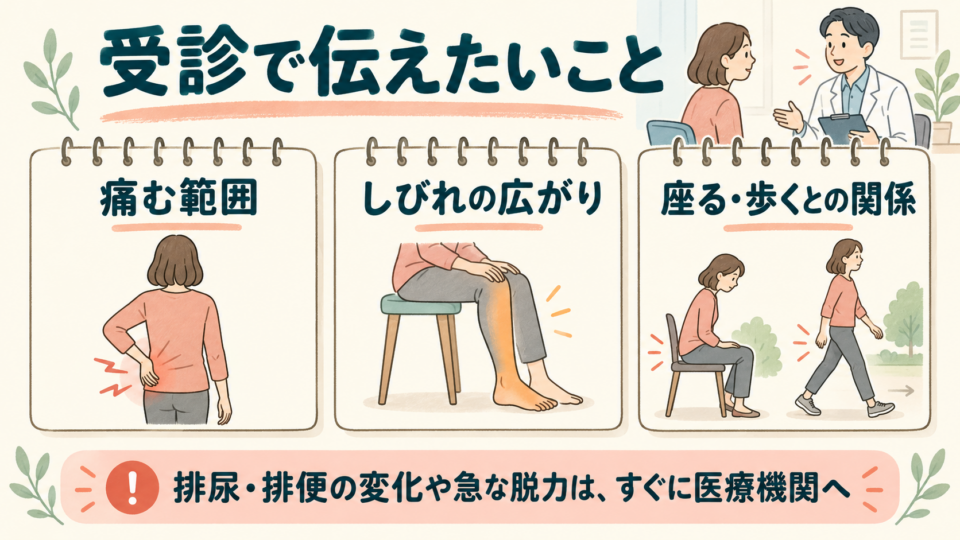 痛む範囲、しびれ、座る・歩くとの関係を伝え、排尿排便の変化や急な脱力はすぐ相談する目安