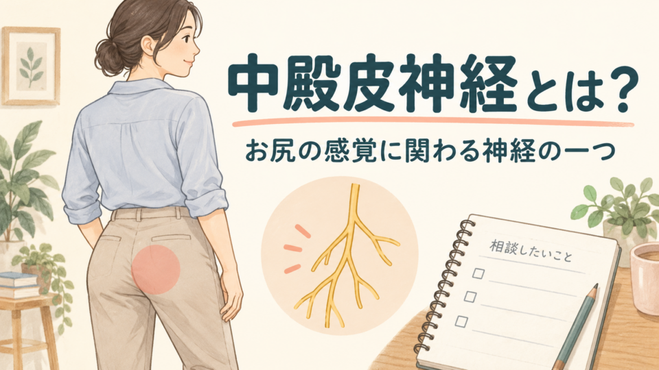 中殿皮神経はお尻の皮膚の感覚に関わる神経の一つであることを示す概念図