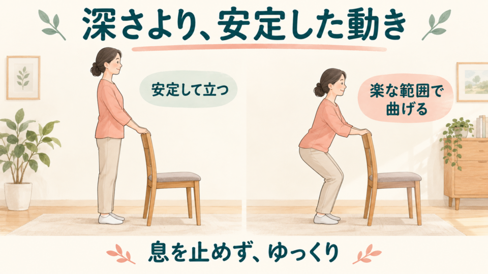 椅子を支えて立ち、楽な範囲で膝を曲げてゆっくり戻る動きの比較