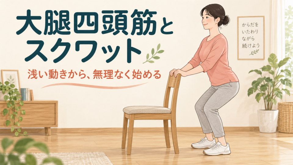 安定した椅子を支えに、浅いスクワットから始めるイメージ