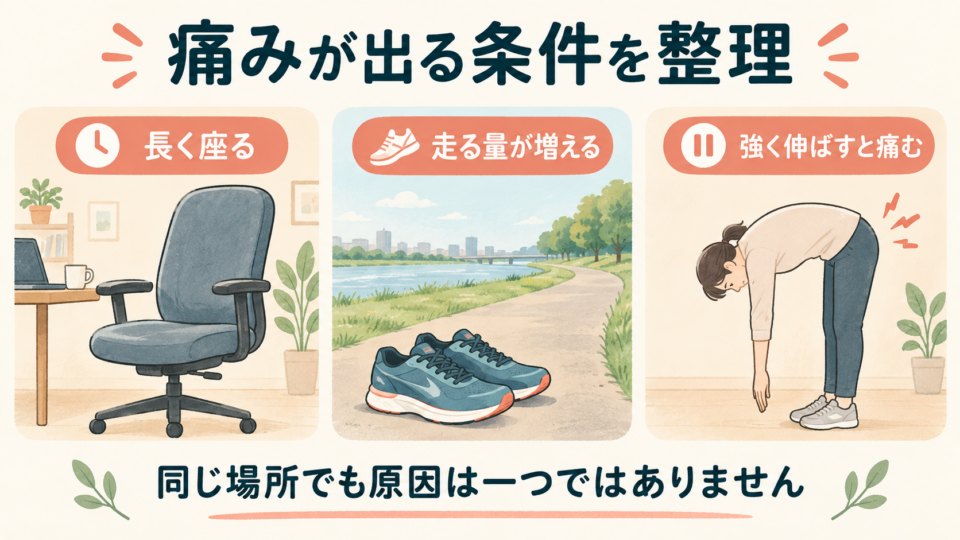 長く座る、走る量が増える、強く伸ばすと痛むなどの条件を整理する図