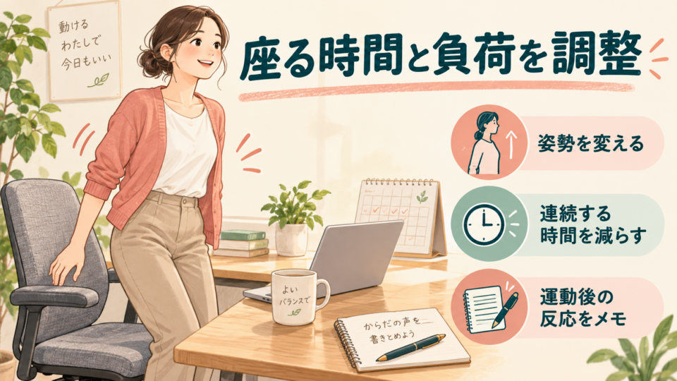 座る姿勢や連続時間を調整し、運動後の反応を記録する生活の工夫
