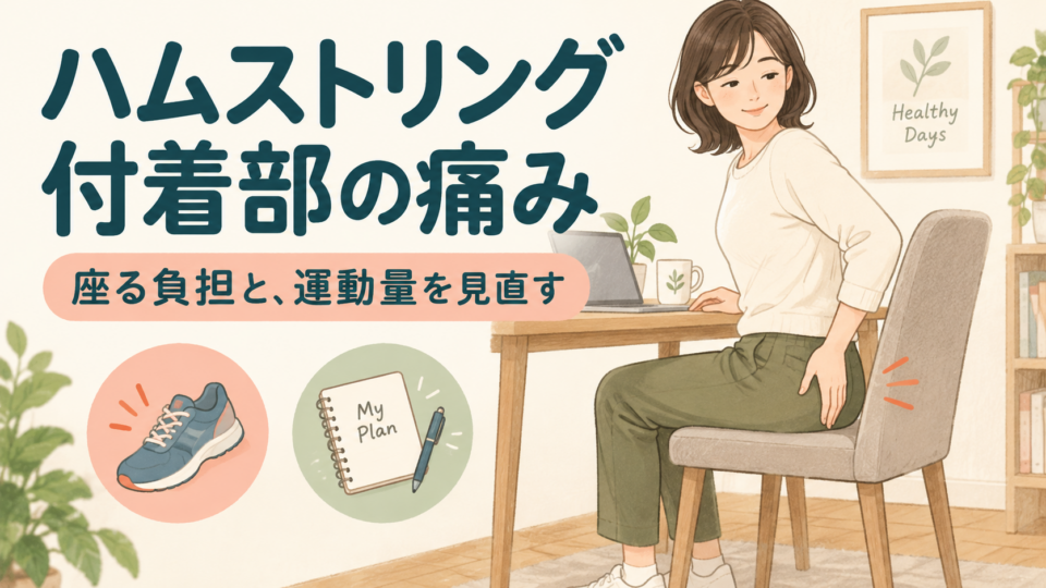 坐骨付近のハムストリング付着部の痛みを、座る負担と運動量から考えるイメージ