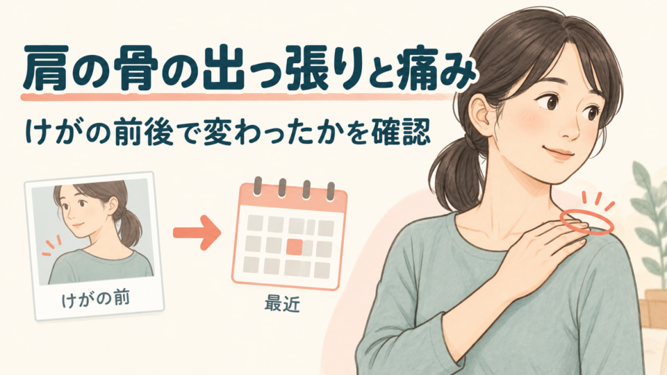 肩の出っ張りと痛みについて、けがの前後の変化を確認するイメージ