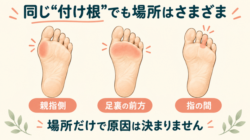 親指側、足裏の前方、指の間という痛む場所の概略比較