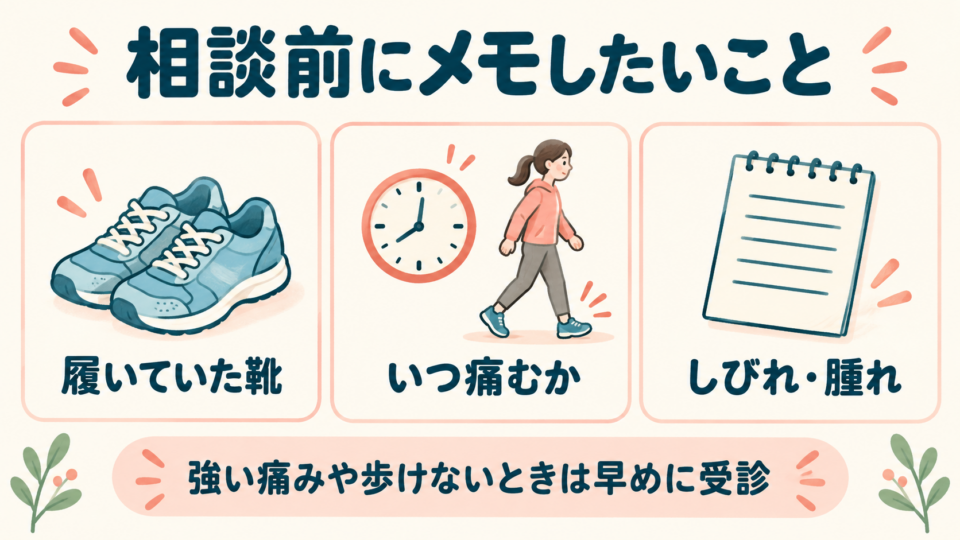 履いていた靴、痛むタイミング、しびれや腫れを受診前に記録する項目