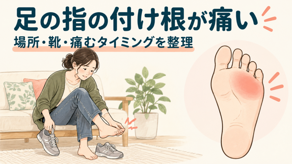 足の指の付け根の痛みを、場所・靴・タイミングから整理するイメージ