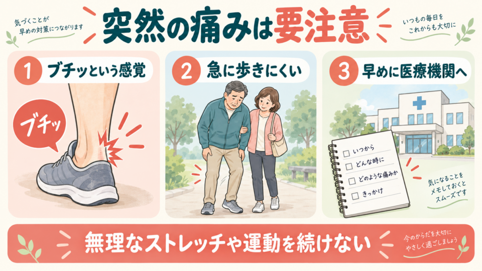 突然の音や痛み、急な歩きにくさがあるときは運動を中止して医療機関へ相談する目安