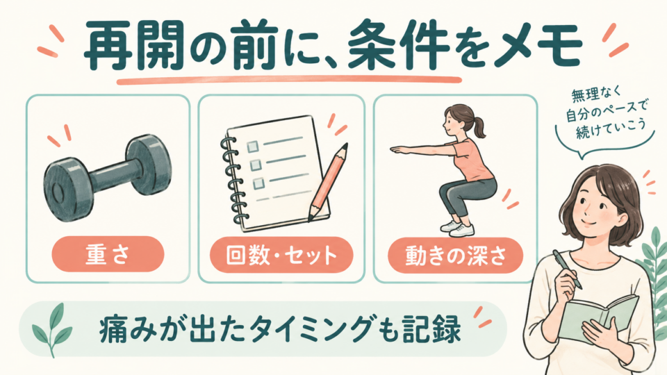 重さ、回数・セット、動きの深さと痛みのタイミングを記録する項目