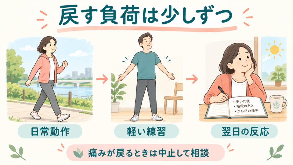 日常動作から軽い練習へ段階を踏み、翌日の反応を確認する考え方