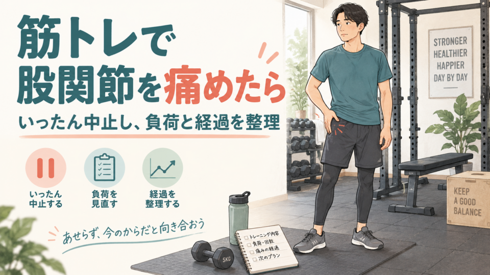 筋トレで股関節に痛みが出たとき、運動を中止して負荷と経過を整理するイメージ