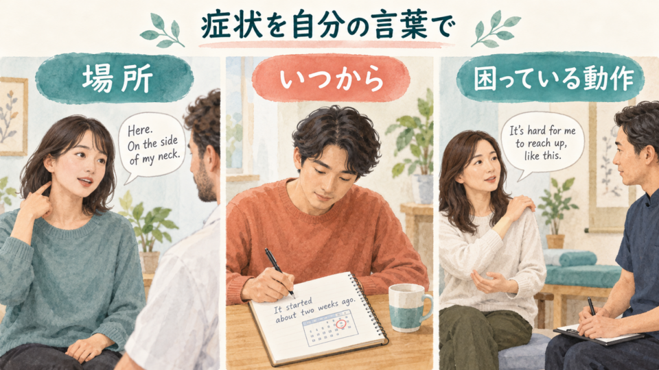 症状の場所、始まった時期、困っている動作を伝える三つの場面