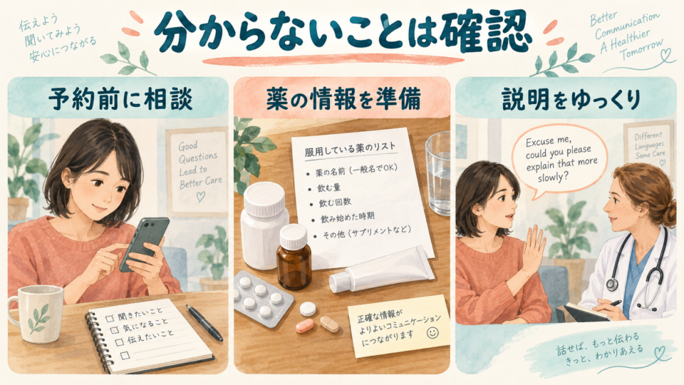 予約前の相談、薬の情報の準備、ゆっくりした説明を求める場面