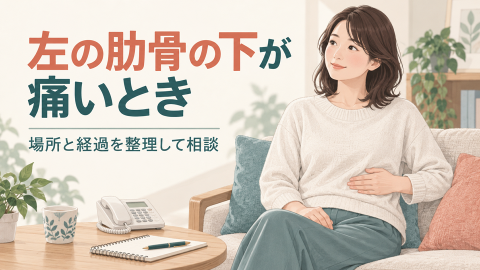 左の肋骨の下の痛みについて、場所と経過を整理して相談する説明用イラスト