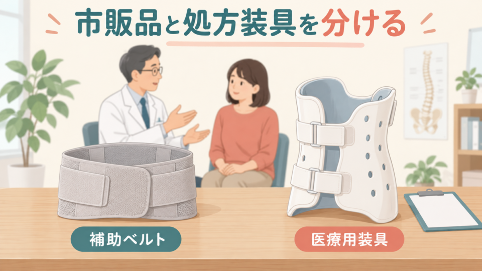 市販の補助ベルトと処方される医療用装具の例を分けた説明図