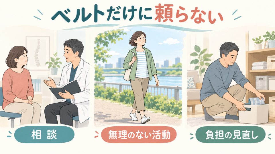 腰痛ベルトだけに頼らず、相談・無理のない活動・作業の負担を見直す場面