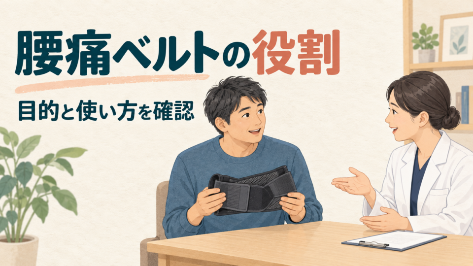 腰痛ベルトを手に持ち、目的と使い方を医療者へ相談する説明用イラスト