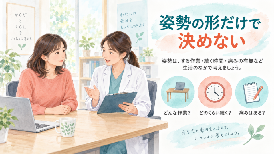 姿勢の形だけでなく作業内容、続く時間、痛みの有無を相談する場面