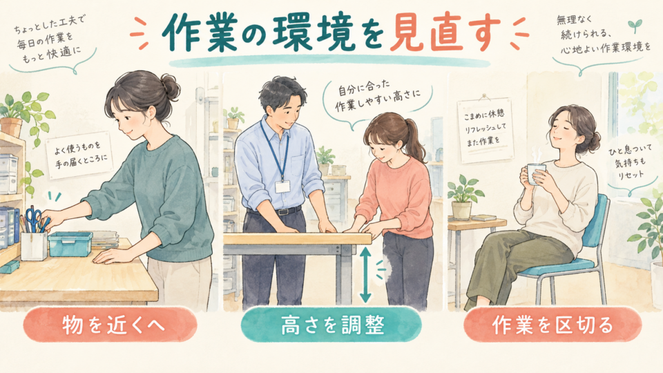 物の位置、作業台の高さ、休憩を見直す三つの作業場面