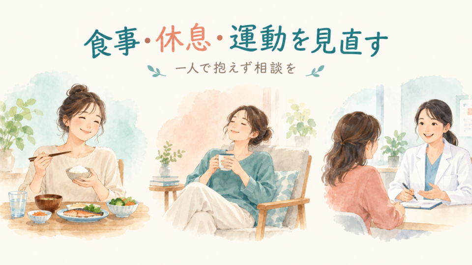 食事と休息を見直し、月経の不調を医療者へ相談する説明用イラスト