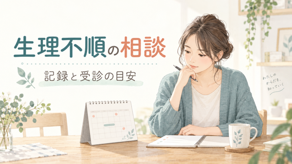 カレンダーとメモを見ながら月経の変化について考える成人女性の説明用イラスト