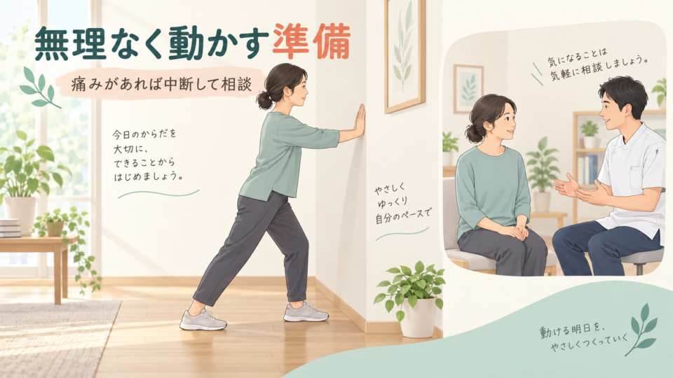 壁に手を添えて穏やかにふくらはぎを伸ばす場面と相談のイラスト