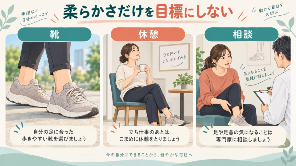 足首の柔らかさだけに注目せず、靴・休憩・相談を見直す三つの場面