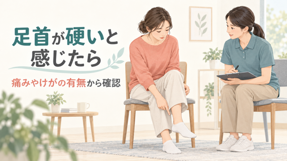 足首の硬さについて、痛みやけがの有無を確認しながら相談するイラスト