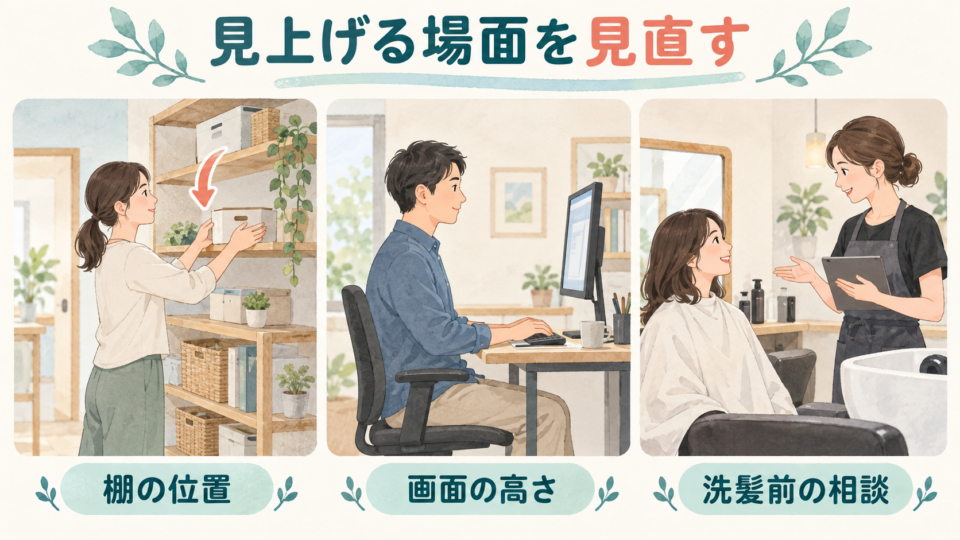 棚の位置、画面の高さ、洗髪前の相談を見直す生活場面