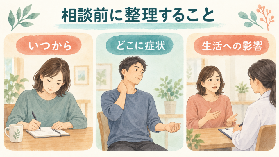 症状が始まった時期、場所、生活への影響を相談前に整理する場面