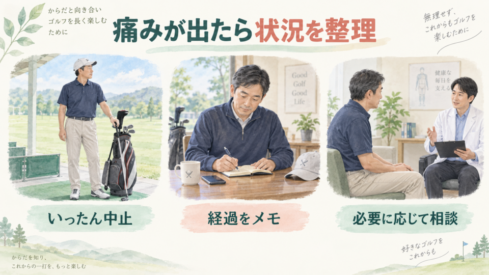 ゴルフをいったん中止し、経過をメモして必要に応じて相談する三つの場面