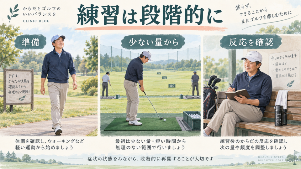 準備運動、少ない練習量、練習後の反応確認を示す説明用イラスト