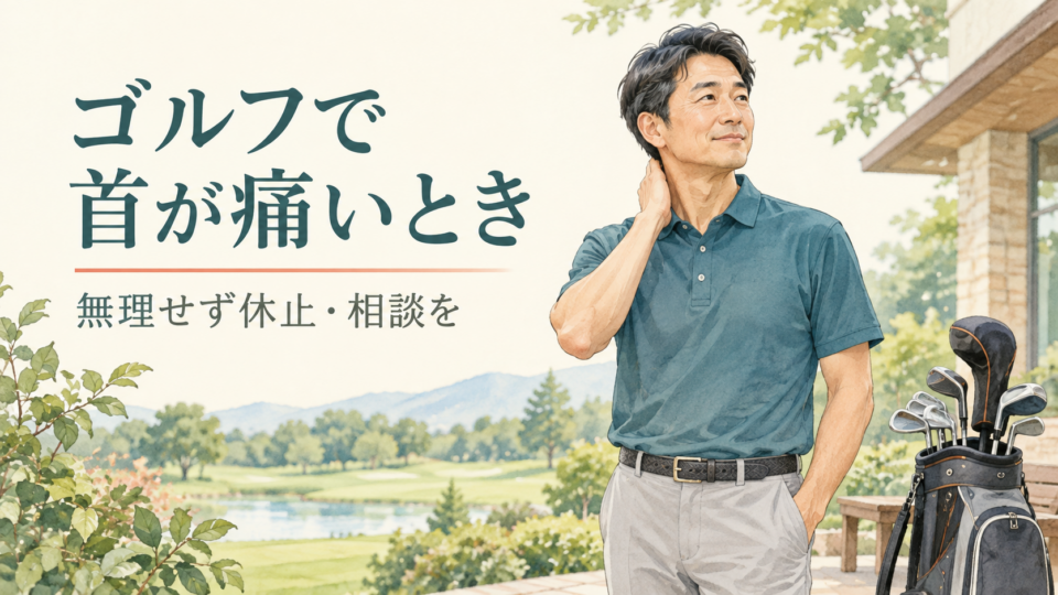 ゴルフの練習を止めて首の状態を確認する成人男性の説明用イラスト